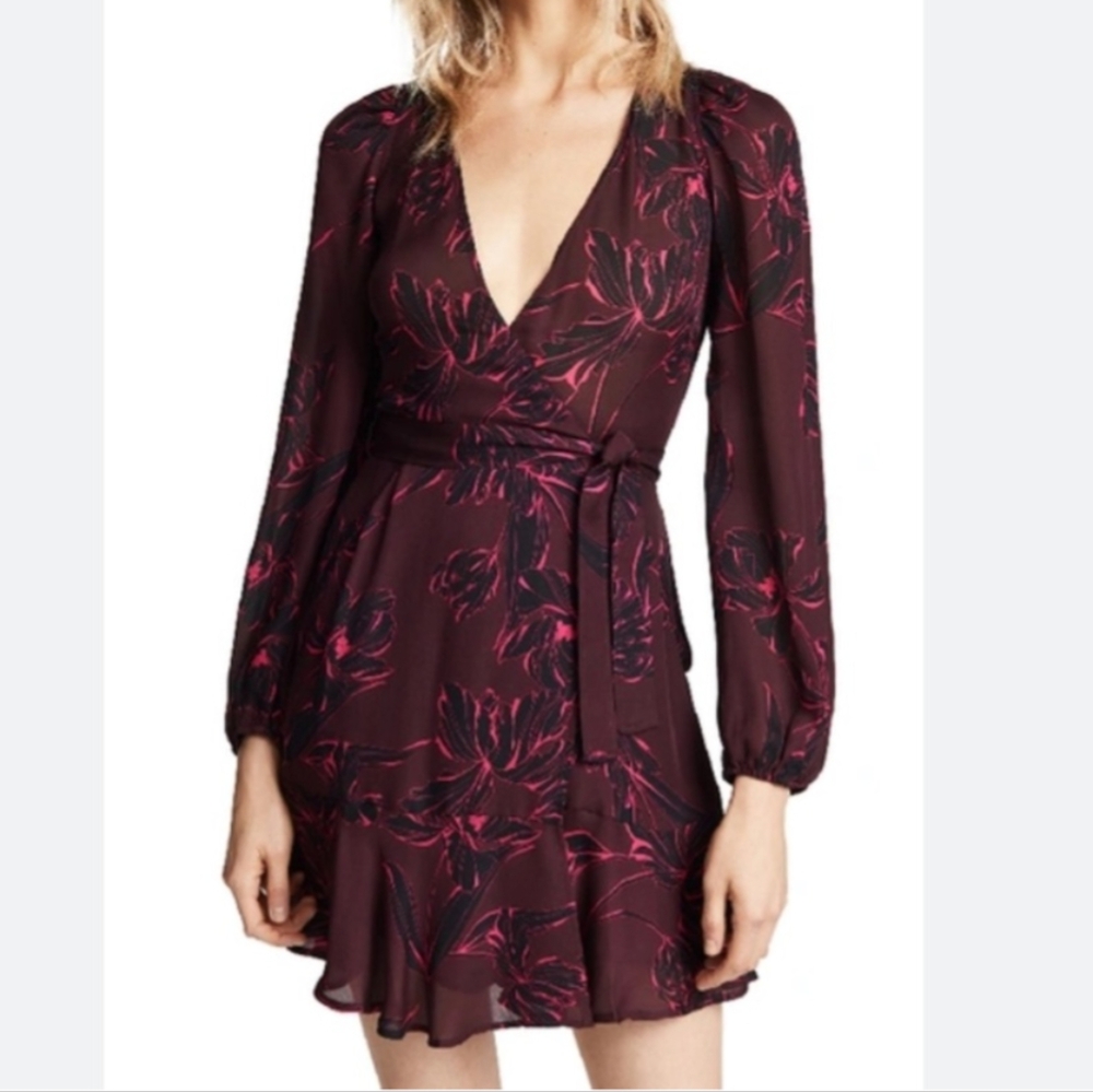 ALC Silk Floral Wrap Midi Length Dress Burgundy Purple Women's 6
